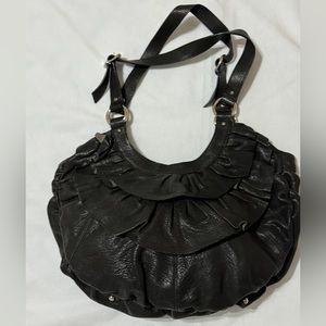 Loeffler Randall Ruffle Shoulder Tote Bag Chocolate Brown Gold Adjustable Straps